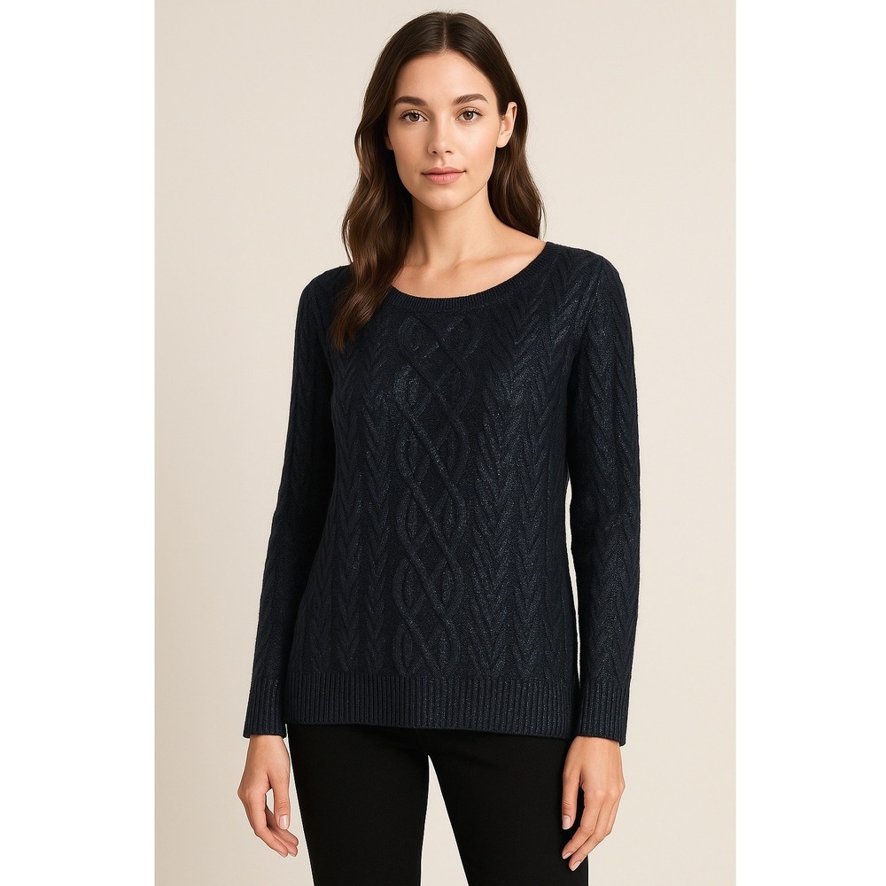 Club Monaco Sweater Women Medium Navy Blue Metallic‎ Cable Knit Pullover Preppy